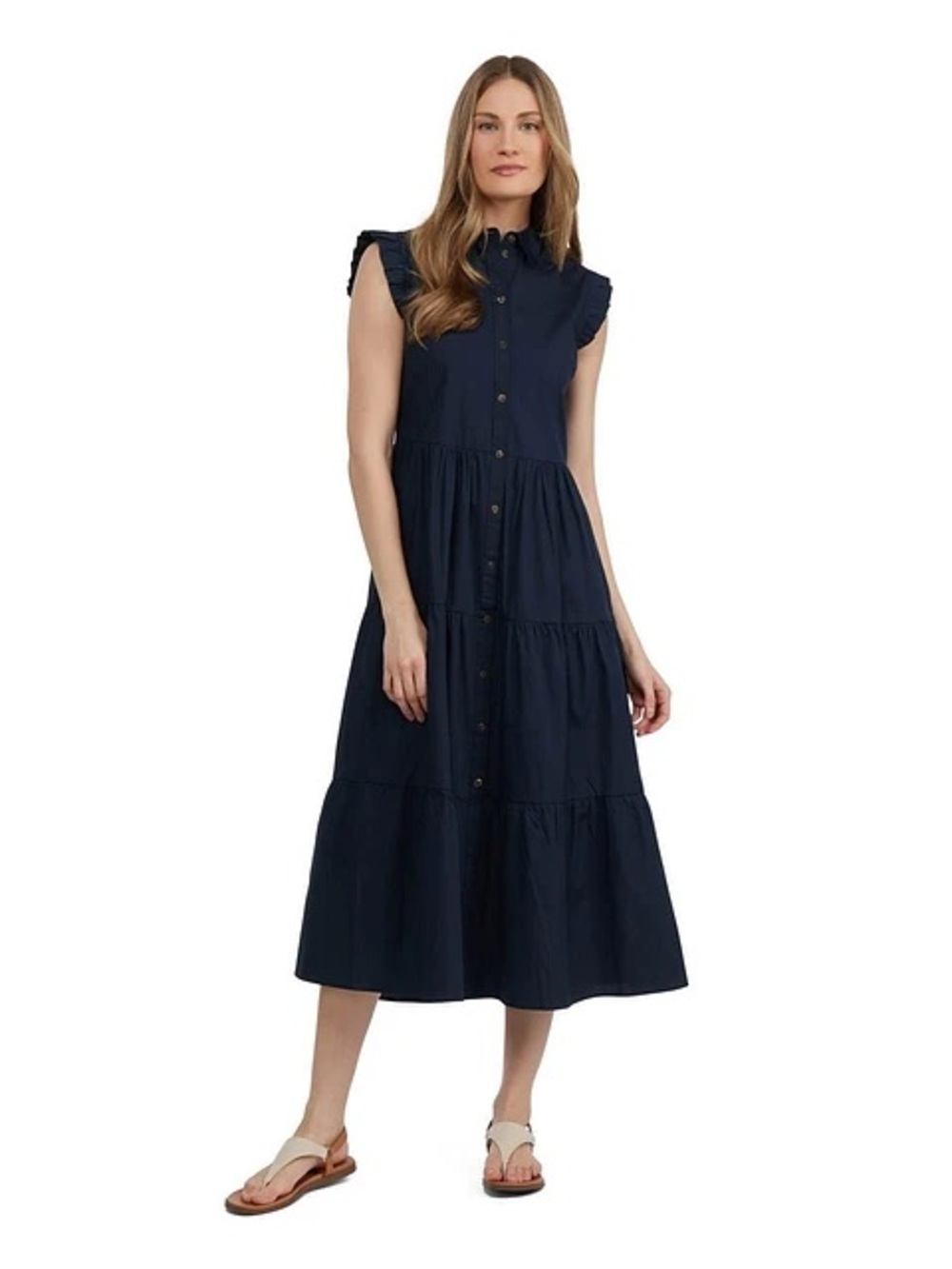 MEXX Size Small Sleeveless Navy Button-Front Tiered Midi Dress